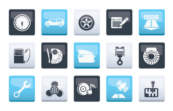 car parts, services and characteristics icons over color background - vector icon set