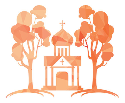 Orthodox temple silhouette on a polygonal mosaic background