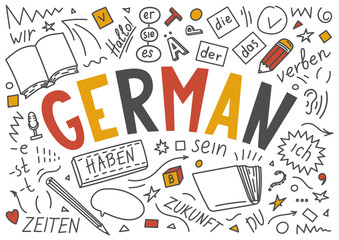 German language hand drawn doodles and lettering.