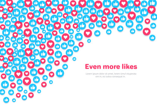 flat image on a white background, round icons with likes and hearts, social networks and the Internet