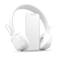 3D style headphones and smartphone on a white background, Concept banner design for music streaming service