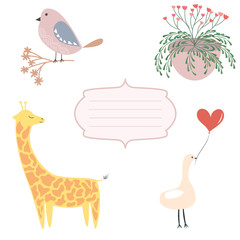 Greeting card elements. Vector elements for greeting card. Vector giraffe, birds, heart, frame and flowers. Pastel vector elements for greeting card
