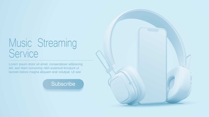 3D style headphones and smartphone on a light blue background, Concept banner design for music streaming service