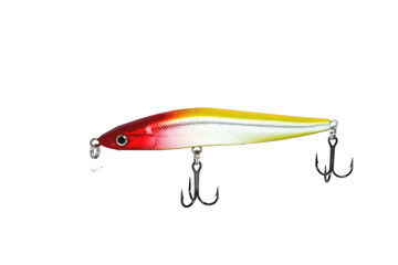 Fishing wobbler with red head, yellow back and white belly. Close-up on a white background.