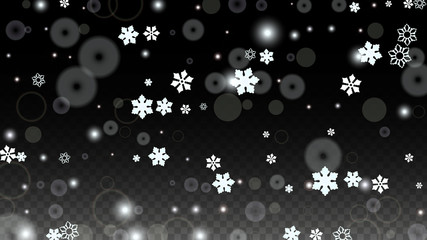 Fototapeta na wymiar Christmas Vector Background with White Falling Snowflakes Isolated on Transparent Background. Realistic Snow Sparkle Pattern. Snowfall Overlay Print. Winter Sky. Design for Party Invitation.