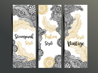Vertical flyers or three fold brochure template with Steampunk decor, feathers and gear wheels elements. Fashion, vintage style advertising for website, corporate identity, shop layout and printing