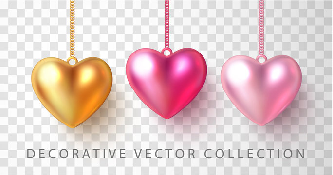 Gold and pink 3d hearts isolated on transparent background for St. Valentine's Day.
