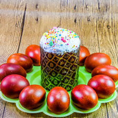 Easter cake and painted red Easter eggs. Food for the Easter tab