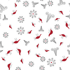 Vector illustration streemless pattern with hand drawn birds in traditional russian folk style. Mezen painting