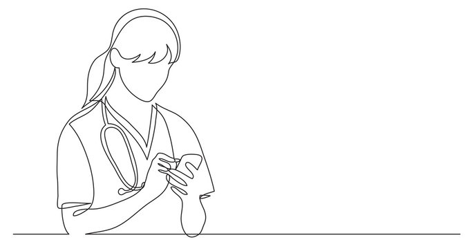 one line vector drawing of hospital nurse checking her mobile phone