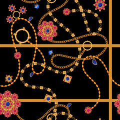 Baroque seamless pattern with chains and gems. Vector patch for print, fabric, scarf