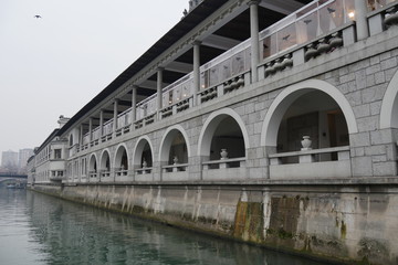 Naklejka premium Ljubljana, capital of Sloveniza, city center in snow winter day