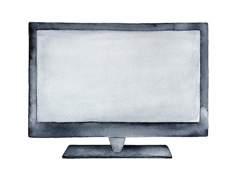 Large new TV or computer monitor illustration with wide empty screen, black frame and stand. Hand painted water color sketchy monochrome drawing on white, cutout clipart element for stylish design.