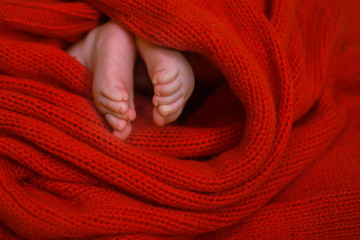 Red heart on baby legs. The legs of the newborn on a red background. A baby wrapped in a red blouse. Valentine's Day
