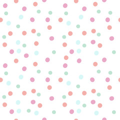 Vector seamless pattern of pastel hand drawn dots. Circle confetti of pink, blue and green colours on white background.