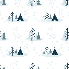Vector scandinavian seamless pattern of blue colours with fir, pine trees and tent on white background. Geometric decorative repeatable design of winter forest camping.