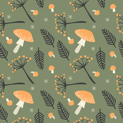Autumn seamless pattern with nature elements orange fly agaric mushrooms, brown fern leaves and viburnum berry branches. Fall season at forest in the form of vector design on dark green base. © inspiretta