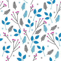 Vector seamless pattern of blue leaves and pink berries on branches on white background. Simple style illustration.