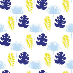 Vector seamless pattern with palm leaves. Tropical branches of blue and yellow color on white background.