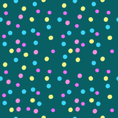Vector seamless pattern of colorful hand drawn dots. Circle confetti of pink, blue and yellow colours on dark green background.
