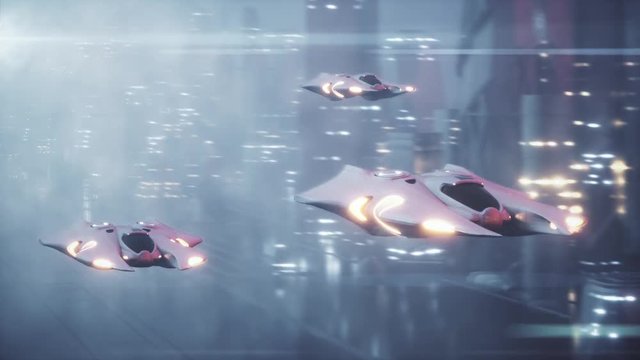 Futuristic 3d scene flight of aircraft over tech city