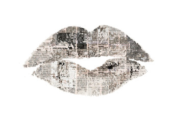 Beautiful red pink lips kiss. Woman's lipstick trace with newspaper texture