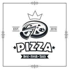background of emblem with pizza and ribbon