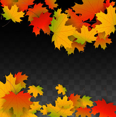 September Vector Background with Golden Falling Leaves. Autumn Illustration with Maple Red, Orange, Yellow Foliage. Isolated Leaf on Transparent Background. Bright Swirl. Suitable for Posters.