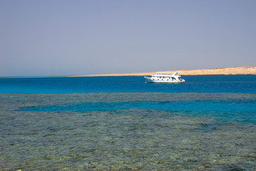 Fototapeta premium White boat sailing in the blue sea
