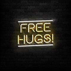 Obraz premium Vector realistic isolated neon sign of Free Hugs logo for template decoration and layout covering on the wall background. Concept of Happy Valentines Day.