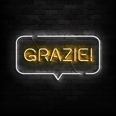 Vector realistic isolated neon sign of Grazie logo for template decoration and covering on the wall background. Translation from Italian: Thank you. Concept of gratitude.