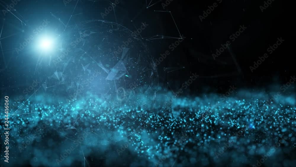 Poster abstract artificial intelligence network with shiny rotating sphere. selective focus used.