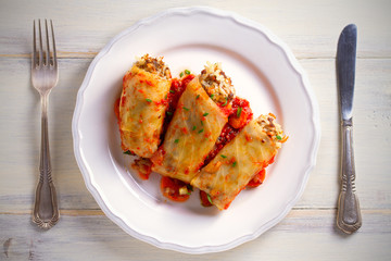 Cabbage rolls with meat, rice and vegetables. Chou farci, dolma, sarma, sarmale, golubtsy or golabki - popular dish in many countries. Overhead, horizontal
