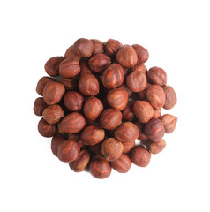 A circle of nuts. Whole hazelnut fruit without shell isolated on white background. Top view.
