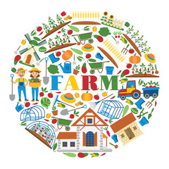Farm vector farming house gardening backdrop farmer man gardener woman character and farms natural products organic food illustration healthy vegetables in gardenhouse background