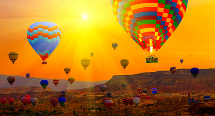 Naklejka premium Hot air balloons Spring sunrise mountain