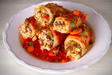 Cabbage rolls with meat, rice and vegetables. Chou farci, dolma, sarma, sarmale, golubtsy or golabki - popular dish in many countries. horizontal