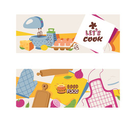 Cooking appliances and restaurant utensil and food set of banners vector illustration. Good food. Let s cook. Apron, glove, mixer, wooden cutting board, grater, ladle, vegetables.