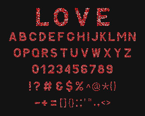 Love vector alphabet. Letters A-Z, numbers 0-9 and punctuations made of hearts shades of red and pink. Creative font for Valentines day. Latin uppercase symbols. Easy to edit design template.
