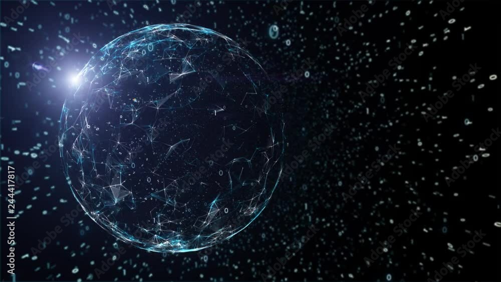 Poster futuristic digital cyberspace sphere with binary numbers and sun lens flare light motion.