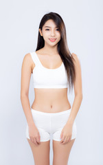 Fototapeta premium Portrait young asian woman smiling beautiful body diet with fit isolated on white background, model girl weight slim with cellulite or calories, health and wellness concept.