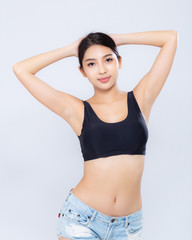 Fototapeta premium Portrait young asian woman smiling beautiful body diet with fit isolated on white background, model girl weight slim with cellulite or calories, health and wellness concept.