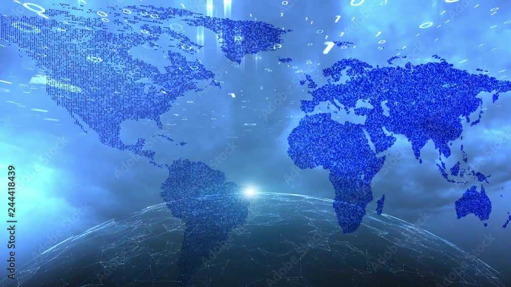 Poster dark blue cyberspace network with world map and rotating globe motion background.