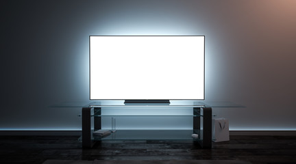 Blank white tv screen interior in darkness mockup, front view, 3d rendering. Empty telly plasma display in living room mock up. Clear smart panel monitor on glass shelf template. - obrazy, fototapety, plakaty