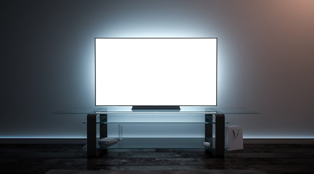 Blank white tv screen interior in darkness mockup, front view, 3d rendering. Empty telly plasma display in living room mock up. Clear smart panel monitor on glass shelf template.