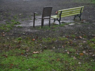 Stuhl und Parkbank auf einer nassen WIese in Ostberlin