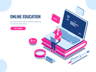 Online education isometric concept, laptop on book, internet course for learning on home, young man working on pc, cartoon flat vector