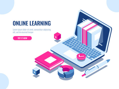 Catalog of online courses isometric icon, online education, internet learning, laptop with book on screen, seo optimization, content making, flat vector