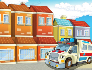 Fototapeta na wymiar cartoon scene in the city with happy ambulance - illustration for children