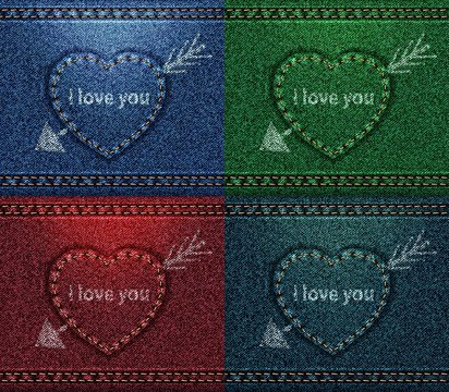 Jeans heart pierced with arrow, I love You, color collection, texture fabric denim, blue green red petroleum vector
